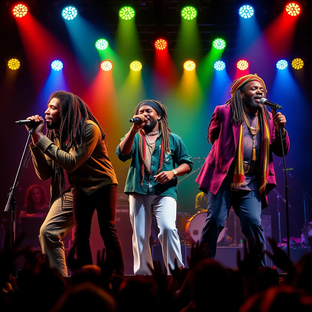 A collage of iconic reggae artists, including Bob Marley, Peter Tosh, and Jimmy Cliff, performing on stage. Each artist should be depicted in their signature style, surrounded by a lively audience and vibrant reggae-themed decorations glowing under colorful stage lights.