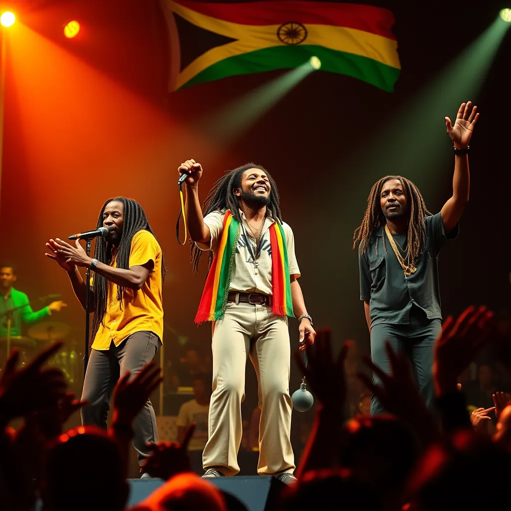 A collage of iconic reggae artists like Bob Marley, Peter Tosh, and Jimmy Cliff performing on stage. Include vibrant lights, passionate fans, and reggae symbols like the Rastafarian flag, capturing their profound impact on music and culture.