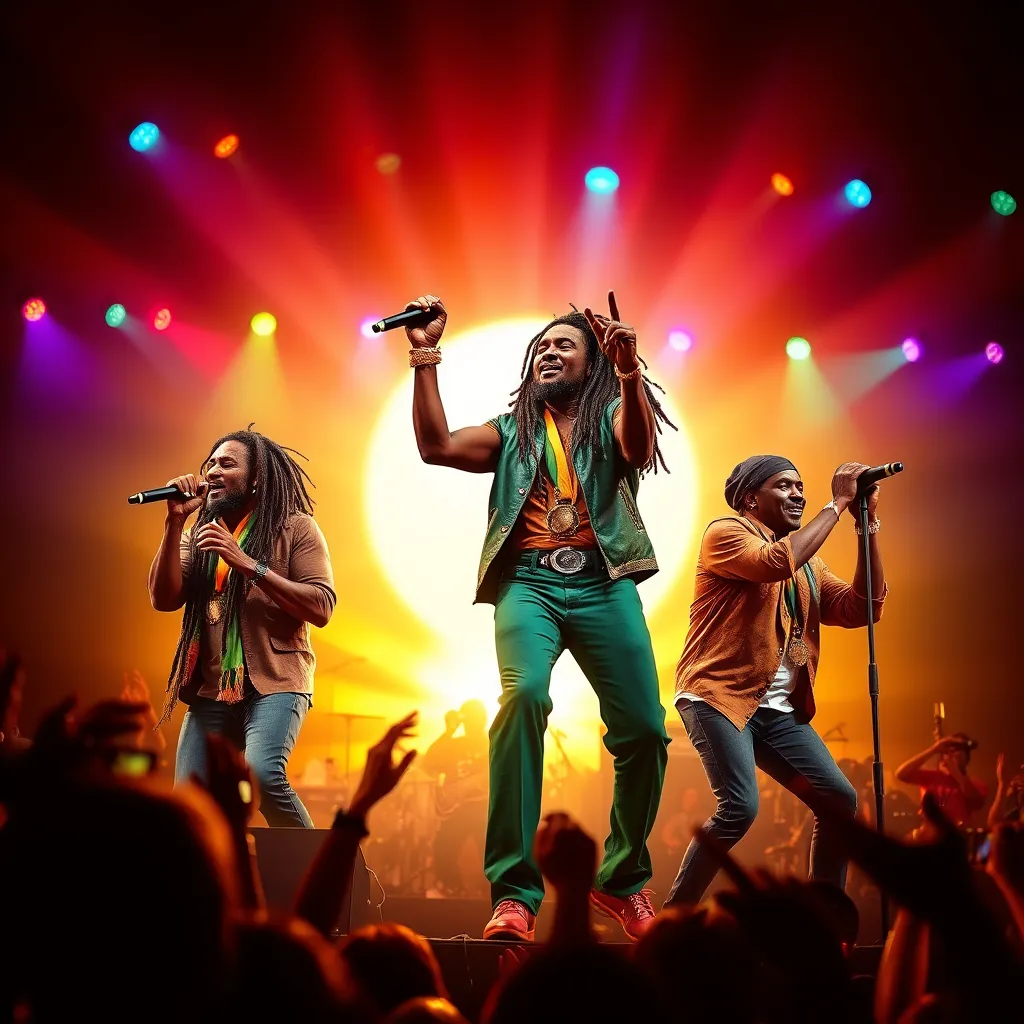 A collage-style image featuring iconic reggae artists like Bob Marley, Peter Tosh, and Jimmy Cliff performing passionately on stage. The background includes a glowing sunset, highlighting their legendary status, with colorful concert lights and enthusiastic fans enjoying the music.