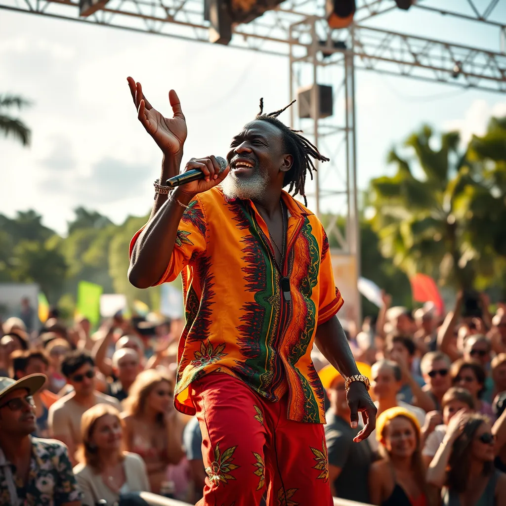 A dynamic photorealistic image of Jimmy Cliff performing in a sunny outdoor festival, capturing his energetic stage presence. He is wearing vibrant clothing, surrounded by an engaged audience celebrating the spirit of reggae music.