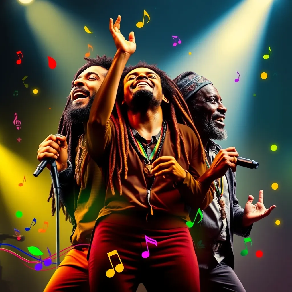A dynamic portrait collage of legendary reggae artists, including Bob Marley, Peter Tosh, and Jimmy Cliff, performing passionately on stage. Each artist is depicted in a vibrant, energetic pose, surrounded by colorful musical notes and symbolic representations of peace and unity.