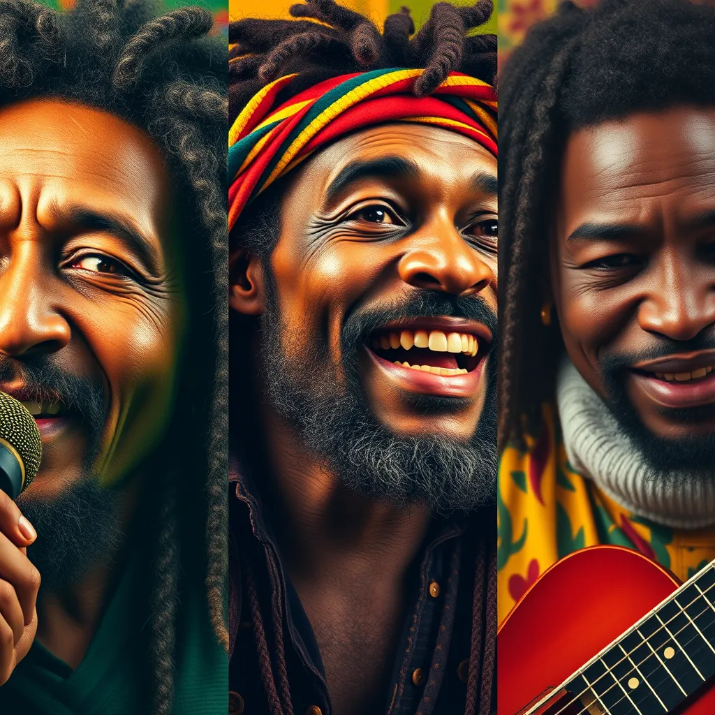 A portrait collage of iconic reggae musicians, including Bob Marley, Peter Tosh, and Jimmy Cliff. Focus on their expressive faces, vibrant attire, and musical instruments. The background should reflect the spirit of reggae culture with colorful patterns and natural elements.