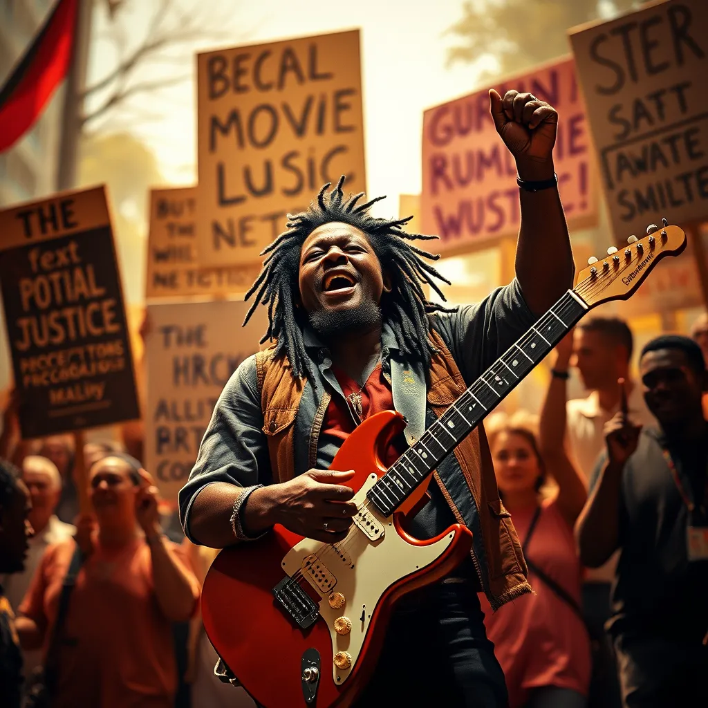 A powerful photorealistic image of Peter Tosh holding a guitar passionately, with a backdrop of protest signs advocating for social justice. The atmosphere is filled with energy and community spirit, representing his influence in reggae music.