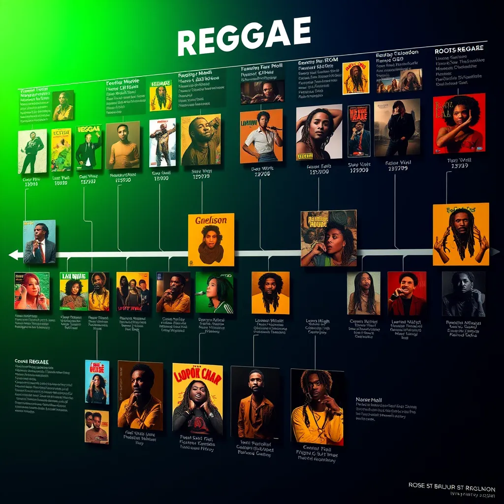A timeline visualization illustrating the evolution of reggae music, featuring landmark album covers, different artists from various decades, and representations of sub-genres like dancehall and roots reggae. Include vibrant colors and musical elements to reflect the genre’s energy and diversity.