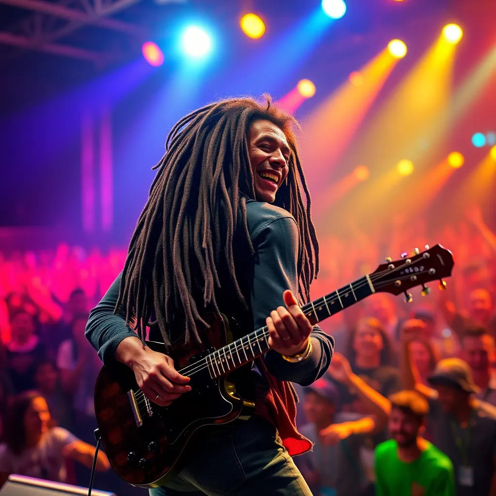 A vibrant, photorealistic image of Bob Marley performing on stage, with his signature dreadlocks and a guitar. The background features an enthusiastic crowd under colorful stage lights, capturing the essence of a reggae concert.