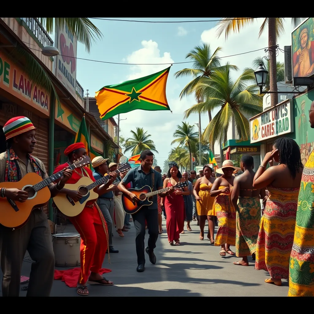 A vibrant and colorful street scene in Jamaica during the 1960s, showcasing musicians playing guitars and drums, cultural symbols like Rastafarian flags, and the lively atmosphere with people dancing, dressed in traditional clothing. The background features palm trees and reggae-themed art.