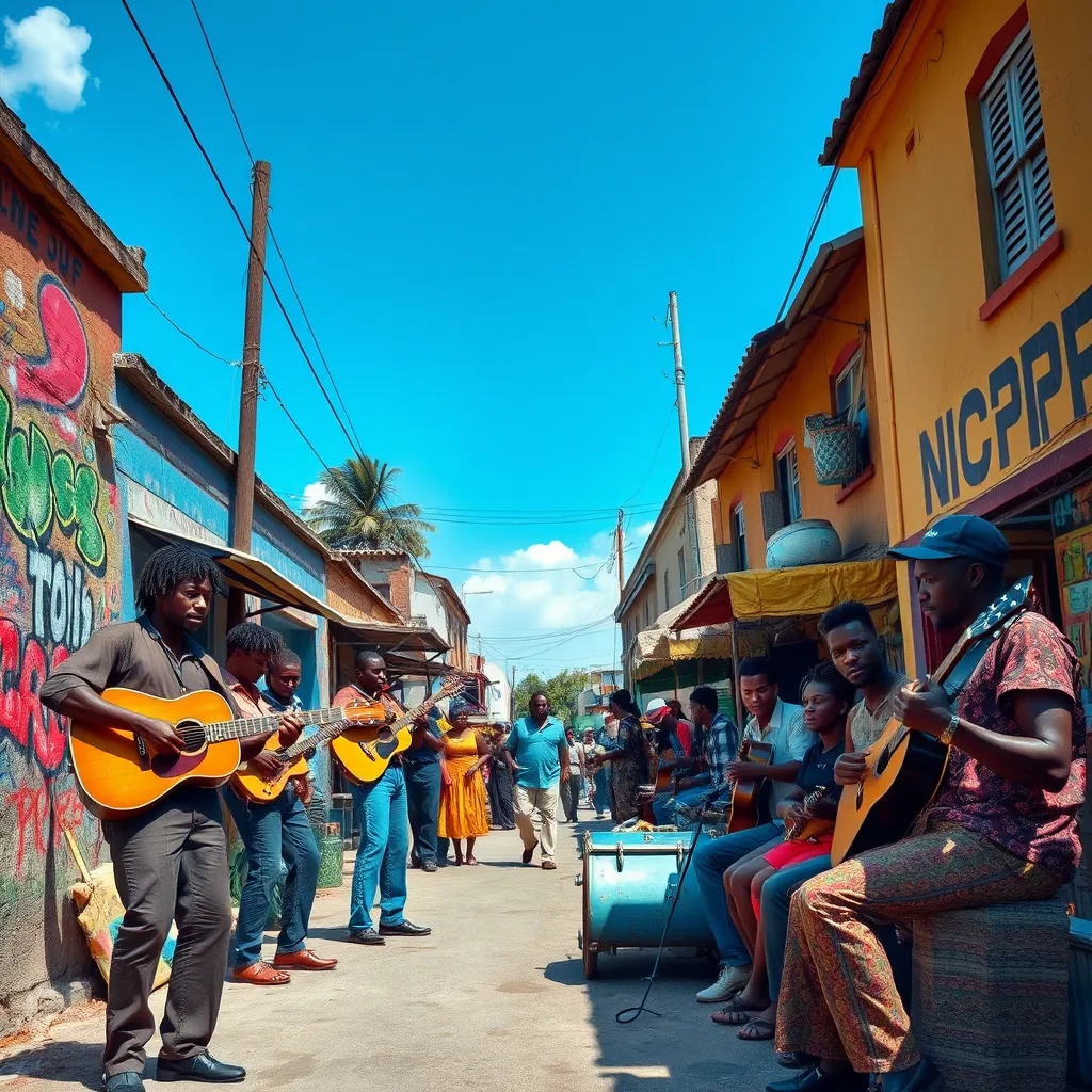 A vibrant Jamaican street scene from the late 1960s, showcasing musicians playing reggae instruments like guitars and drums. Include graffiti on walls reflecting social messages, colorful market stalls, and people of diverse backgrounds enjoying music together under a clear blue sky.