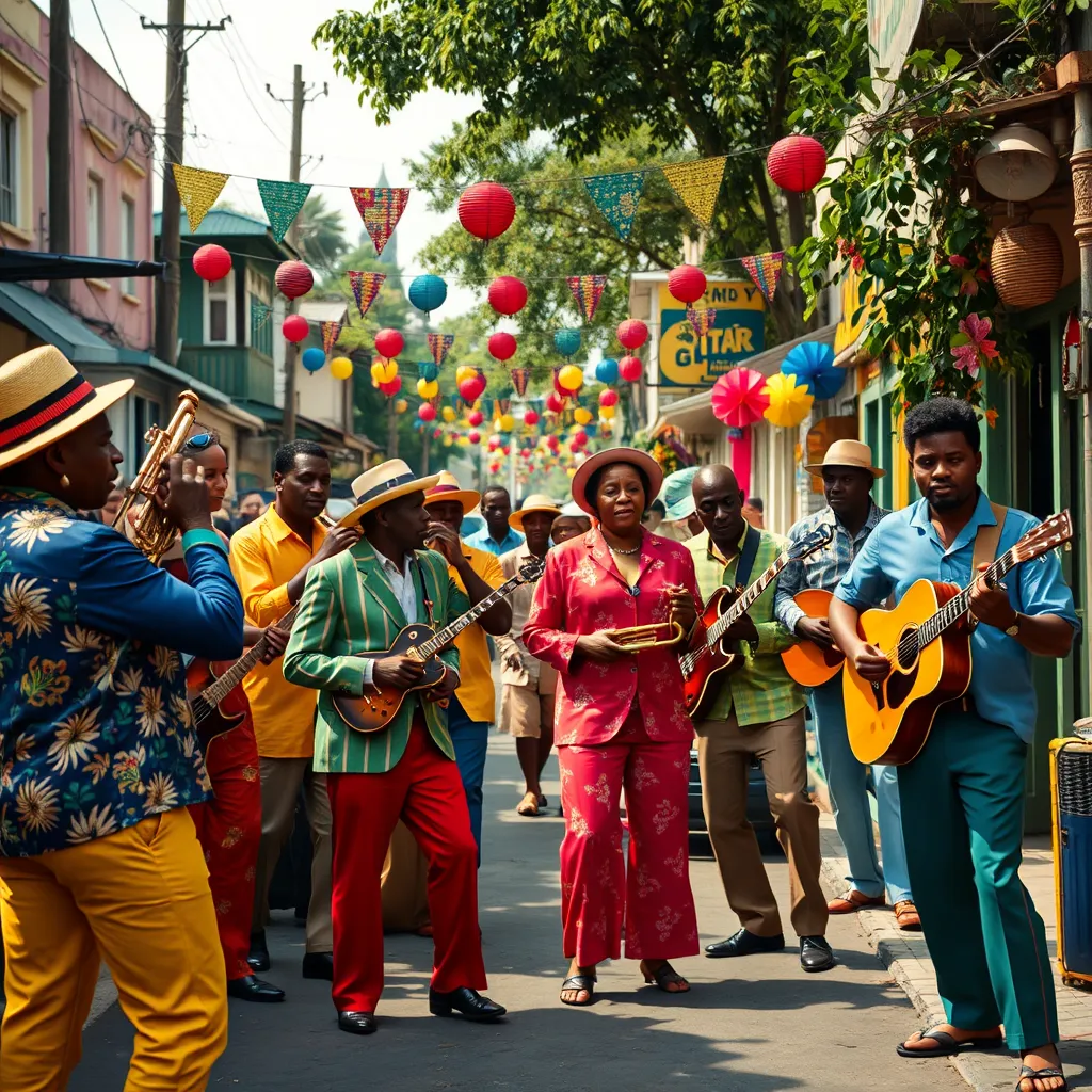 A vibrant street scene in Jamaica during the 1960s, showcasing musicians playing Ska and Rocksteady. Include colorful clothing, vintage instruments like trumpets and guitars, and a lively atmosphere with local dancers and festival decorations.