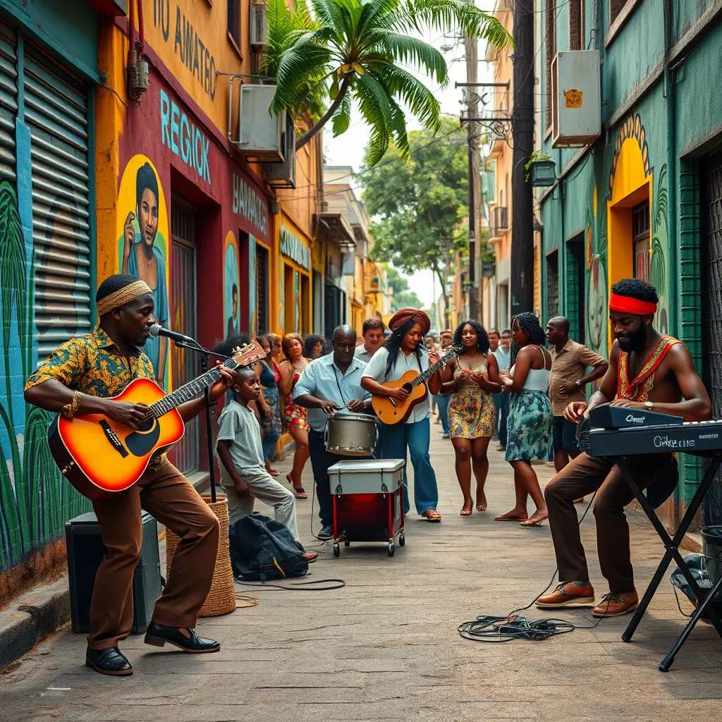 A vibrant street scene in Jamaica during the late 1960s, highlighting musicians playing reggae music on vibrant chords. The setting features colorful murals, young people dancing, and traditional instruments like the guitar, drums, and keyboard, infusing the air with a joyful atmosphere.