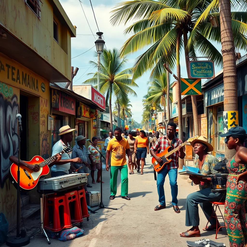 A vibrant street scene in Jamaica during the late 1960s, showcasing traditional Jamaican musicians playing ska and rocksteady music. Include colorful graffiti, people dancing, and a backdrop of local shops and palm trees, capturing the energy of reggae's origins.