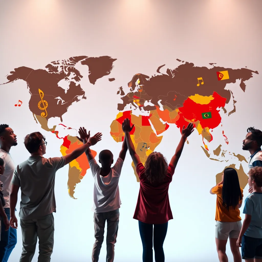 A world map showcasing various regions influenced by reggae music, with musical notes and iconic reggae symbols spread across different countries. In the foreground, a diverse group of people of different backgrounds holds hands in unity, celebrating the global impact of reggae.