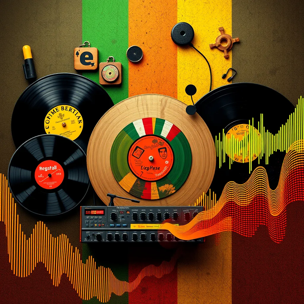 An abstract representation of reggae's evolution, featuring vinyl records, digital music production equipment, and vibrant sound waves. Include symbols for major sub-genres like dancehall and dub, showcasing the transformation and expansion of reggae music.