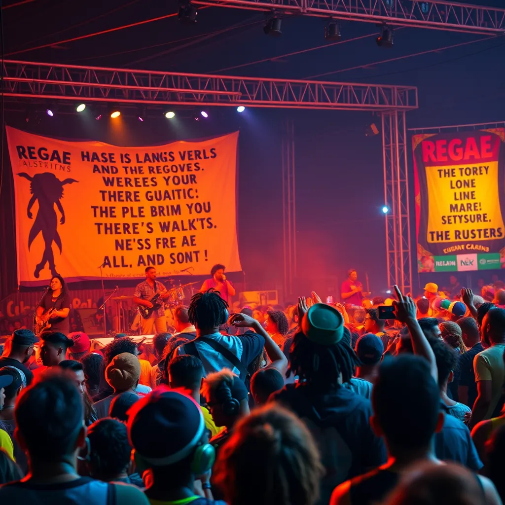 An artistic depiction of a reggae music festival, with a diverse crowd enjoying live performances. Highlight musicians on stage playing iconic reggae songs, along with vibrant banners featuring lyrics. The scene should radiate energy and unity among the audience.