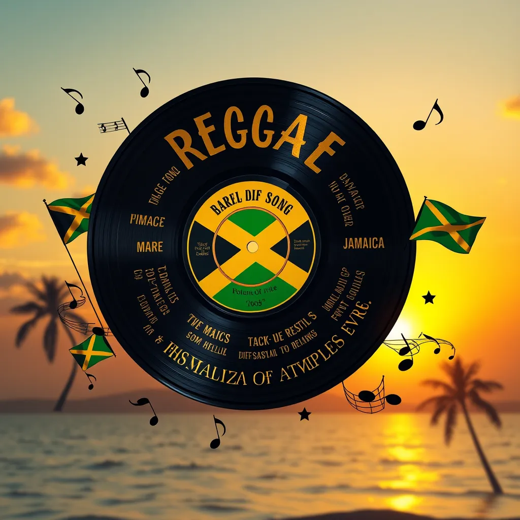 An artistic representation of a vinyl record with popular reggae song titles written around it. Include musical notes flowing from the record, with elements representing Jamaican culture such as the flag, palm trees, and a sunset background, creating a warm, nostalgic atmosphere.